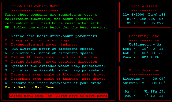 A screendump of the Motor/Mount calibration Menu