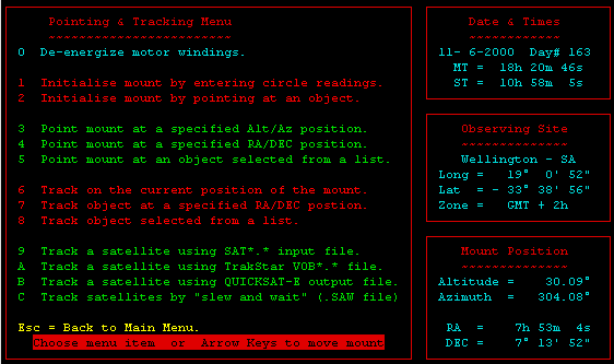 The Pointing and Tracking Menu